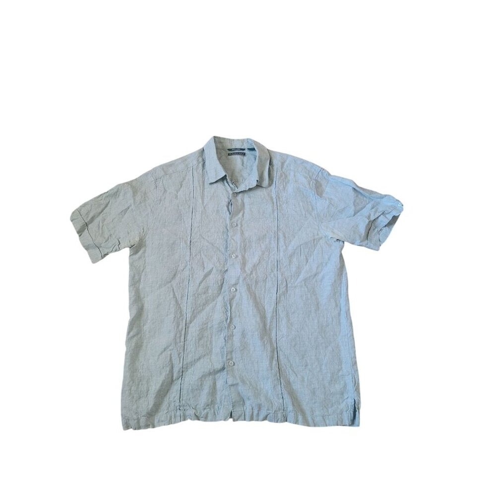 Cubavera Mens XL Light Blue 100% Linen Short Sleeve Guayabera Pintuck Shirt‎